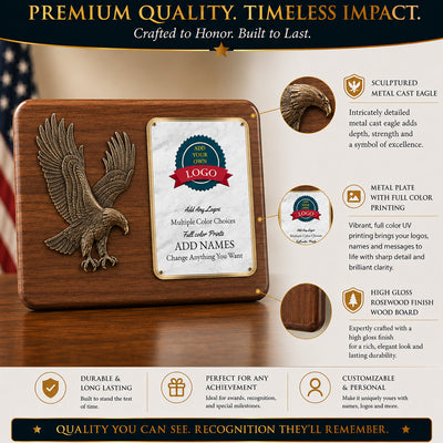 Sculpted Eagle Walnut Recognition Plaque with Full Color Plate – 15" x 11"