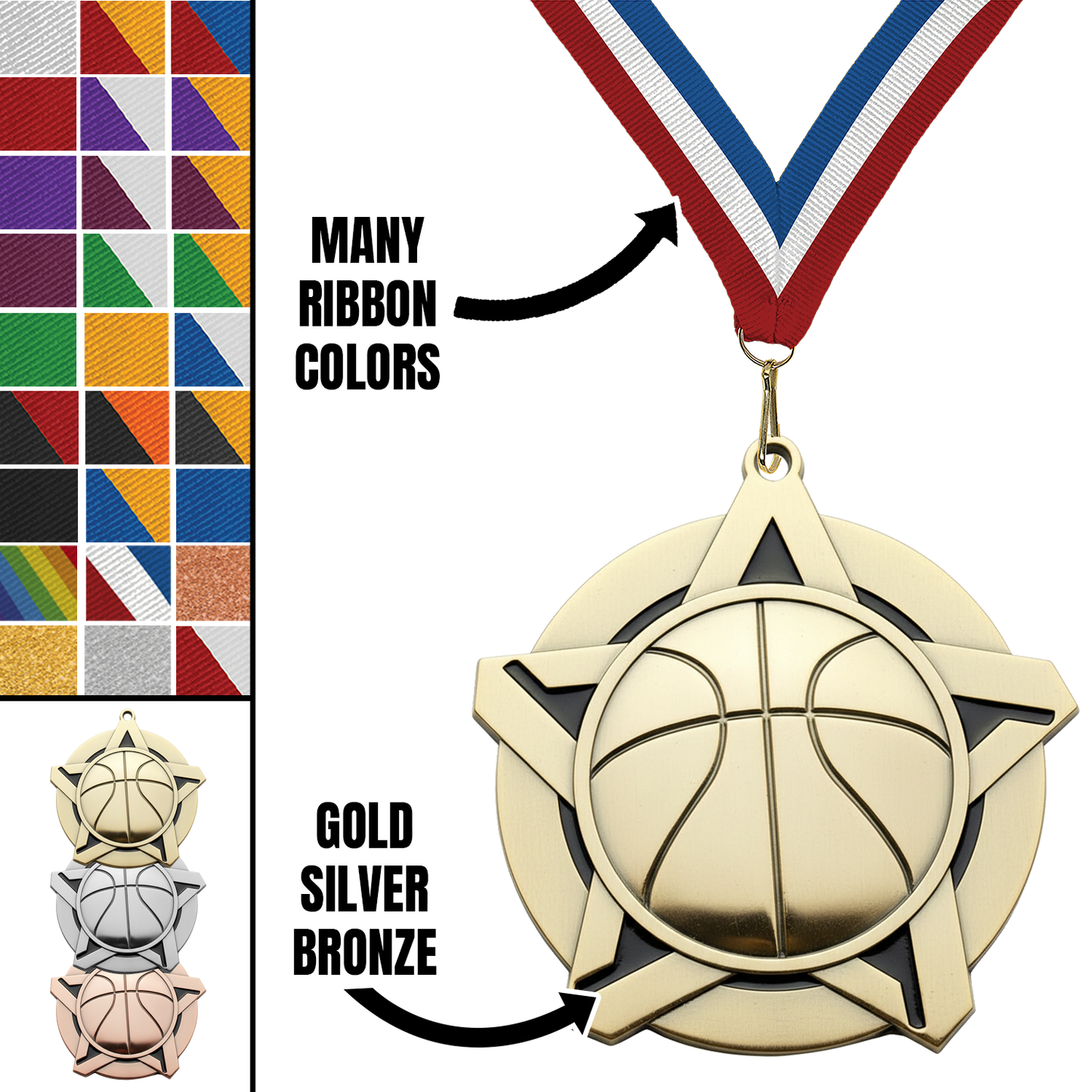 2.25" Basketball Star Medal – Gold, Silver & Bronze with 30 Ribbon Options