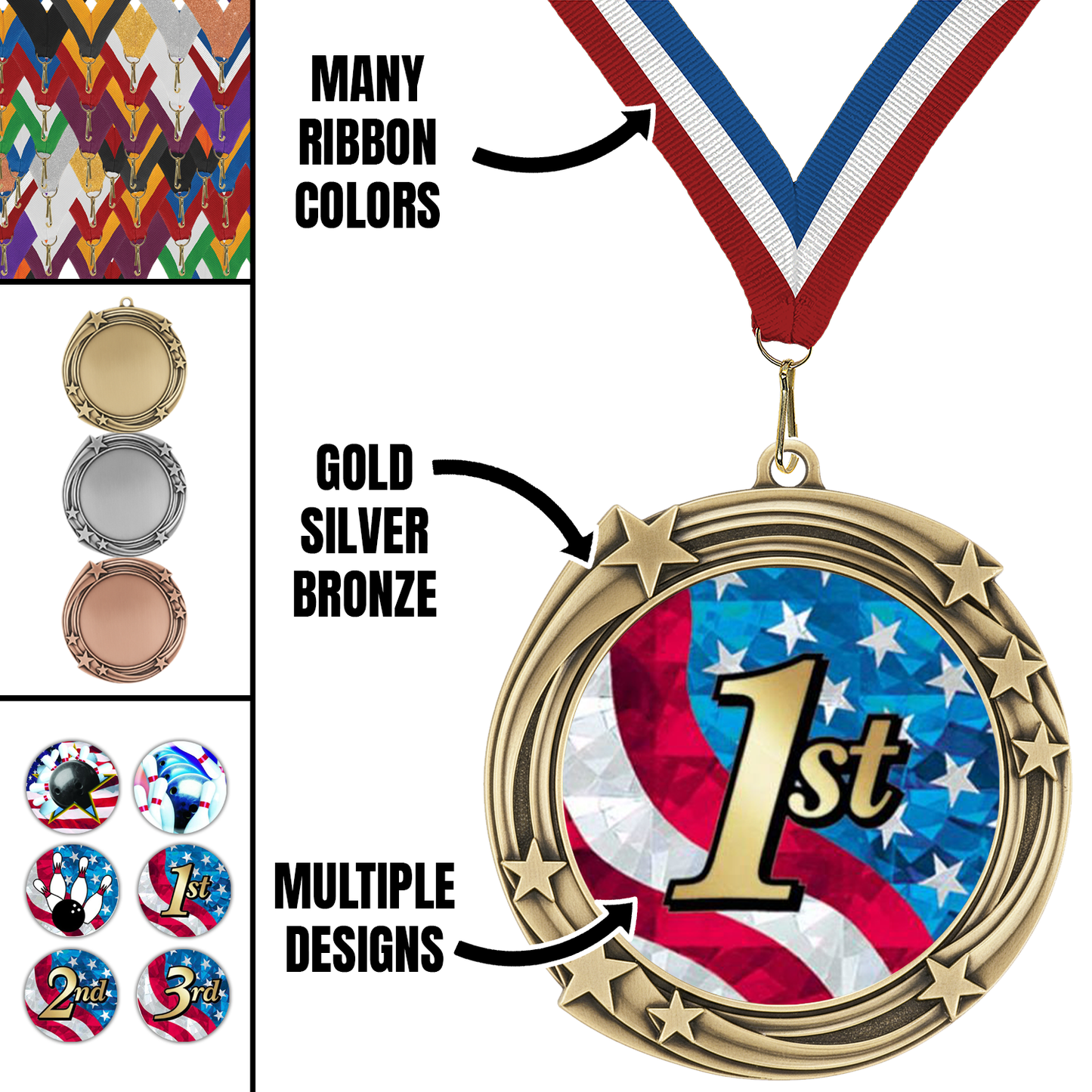 2.75" Swirling Star Bowling Medal– Gold, Silver & Bronze with 30 Ribbon Options