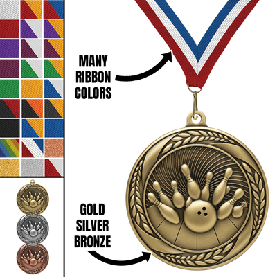 2.25" Laurel Wreath Bowling Medal – Gold, Silver & Bronze with 30 Ribbon Options