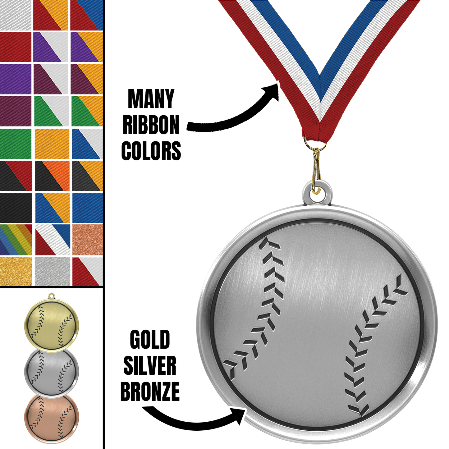 2.25" Baseball Mega Medal – Gold, Silver & Bronze with 30 Ribbon Options