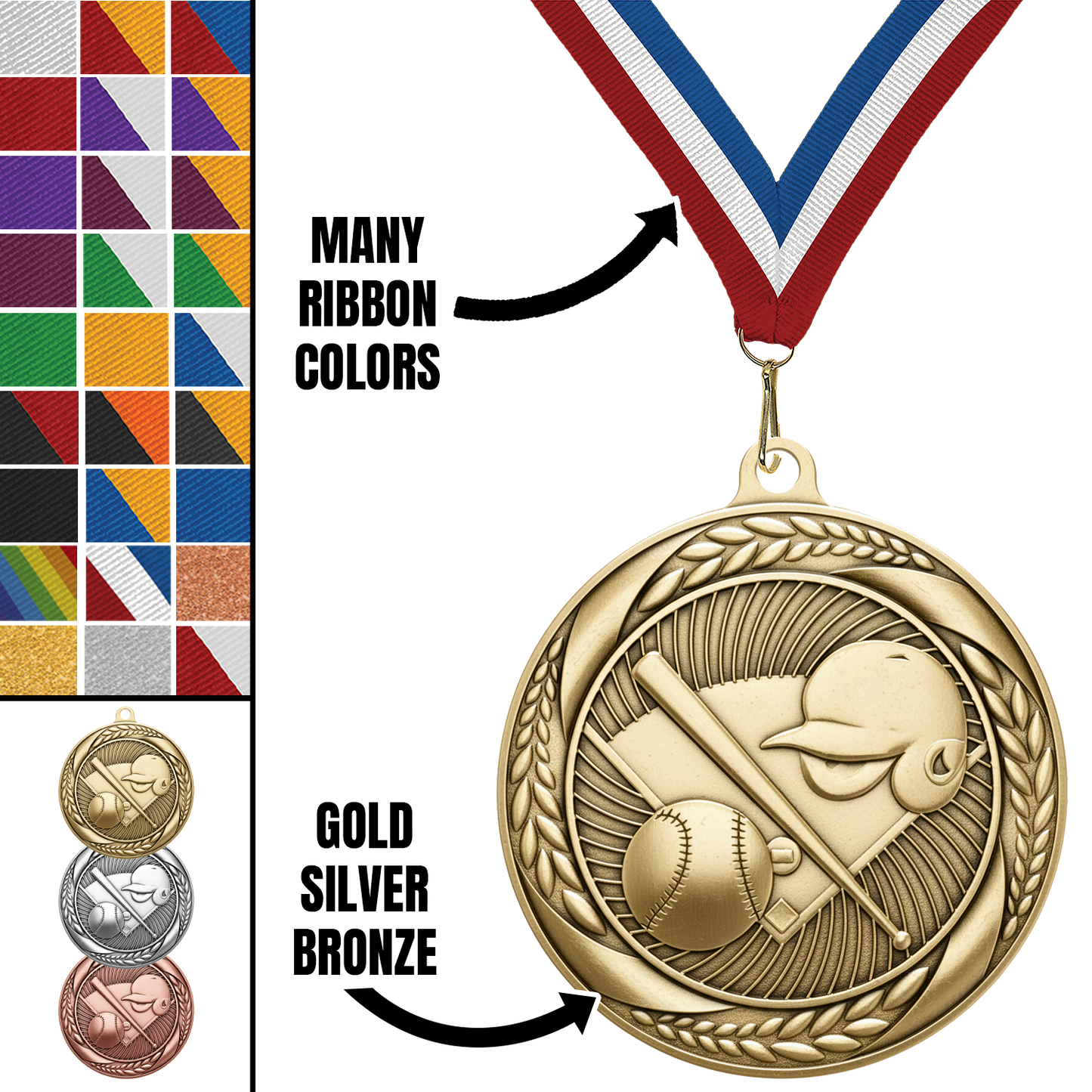 2.25" Laurel Wreath Baseball Medal – Gold, Silver & Bronze with 30 Ribbon Options