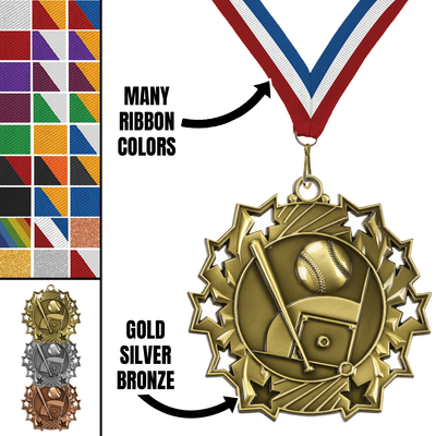 2.25" 10 Star Baseball Medal – Gold, Silver & Bronze with 30 Ribbon Options
