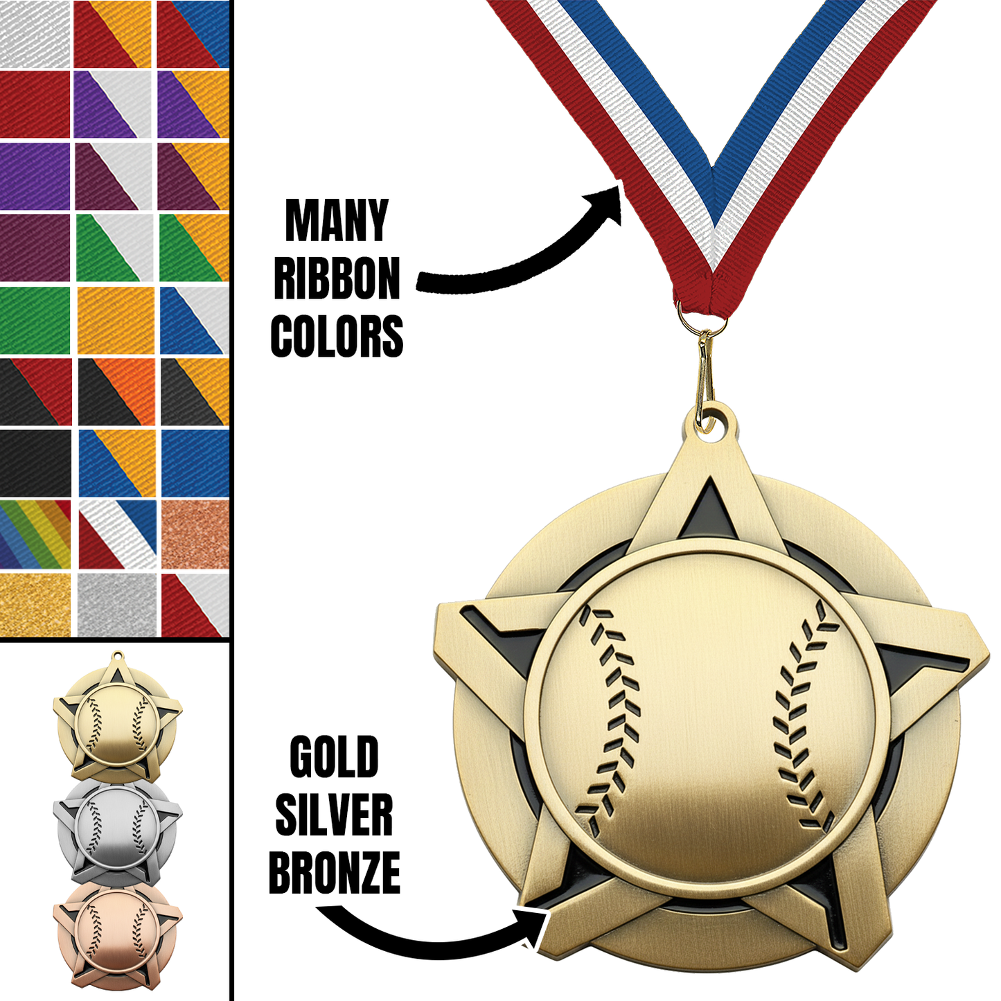2.25" Baseball Star Medal – Gold, Silver & Bronze with 30 Ribbon Options