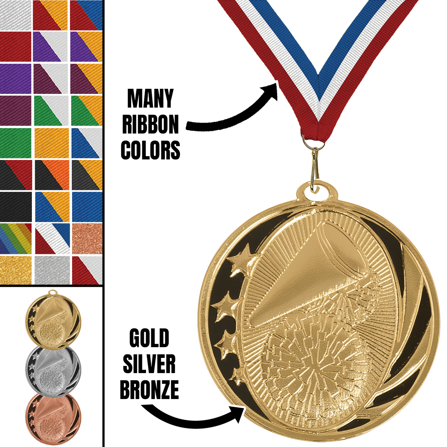 MidNite Star Cheerleading Medal – Gold, Silver & Bronze with 40 Ribbon Options