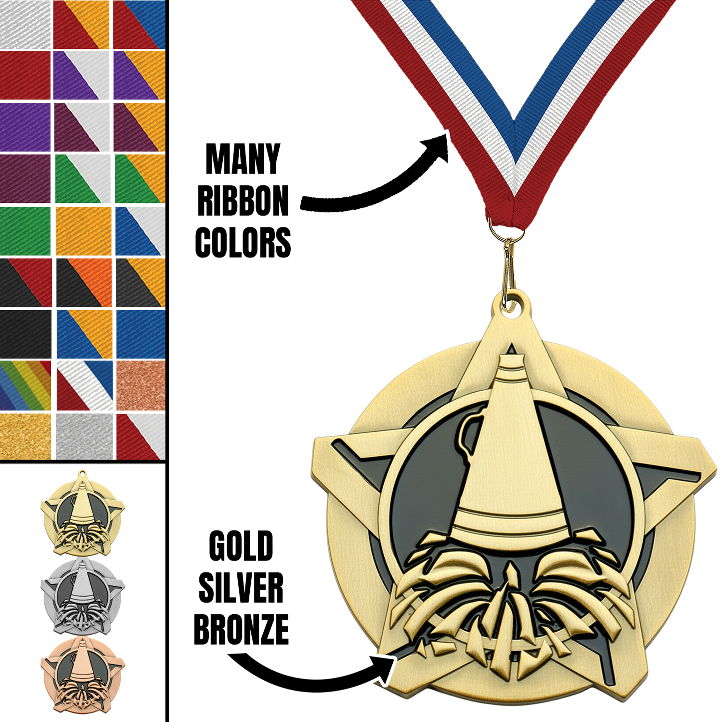 2.25" Cheerleading Star Medal – Gold, Silver & Bronze with 30 Ribbon Options