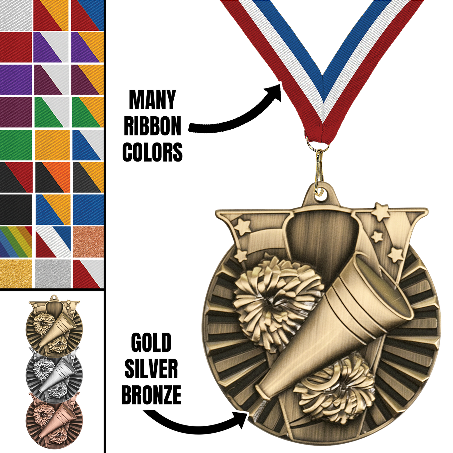 2" Victory Cheerleading Medal – Gold, Silver & Bronze with Custom Ribbons in 30 Colors