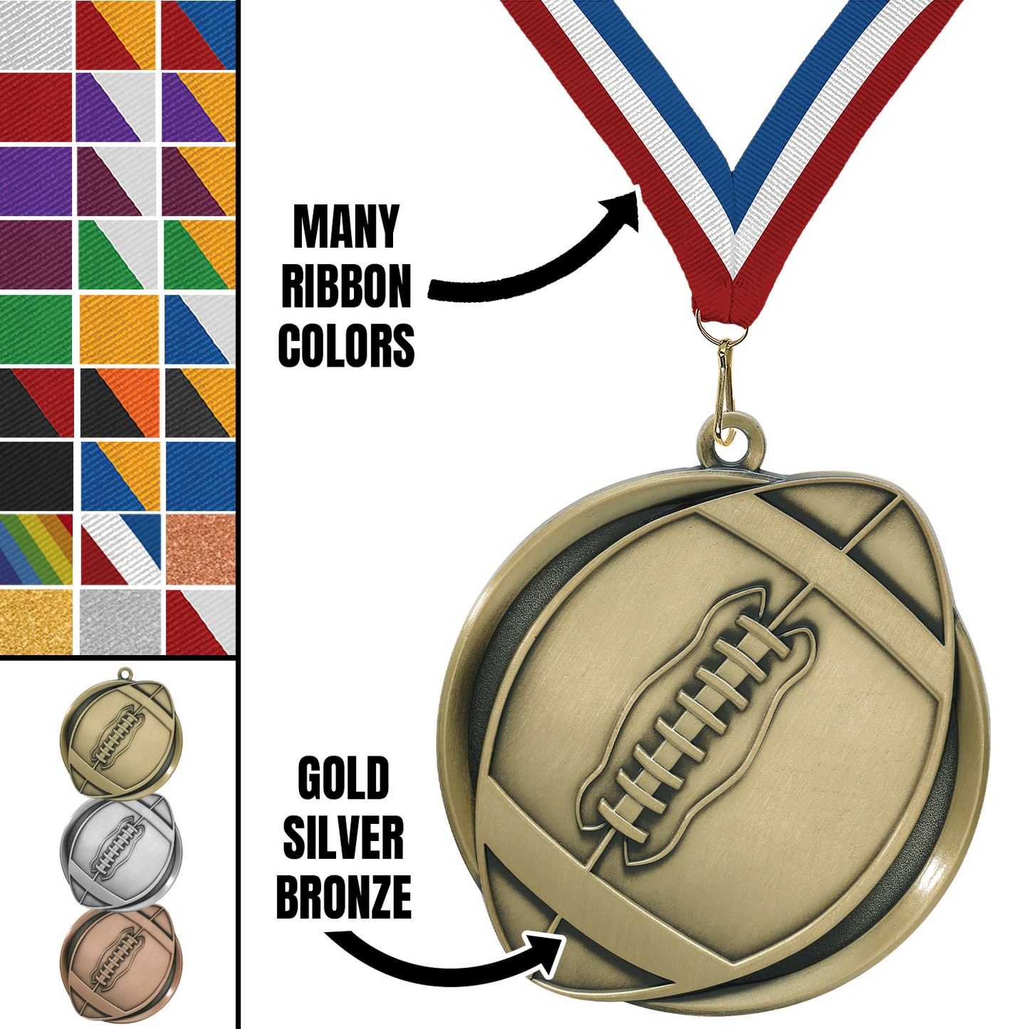 2.25" Football Mega Medal – Gold, Silver & Bronze with 30 Ribbon Options