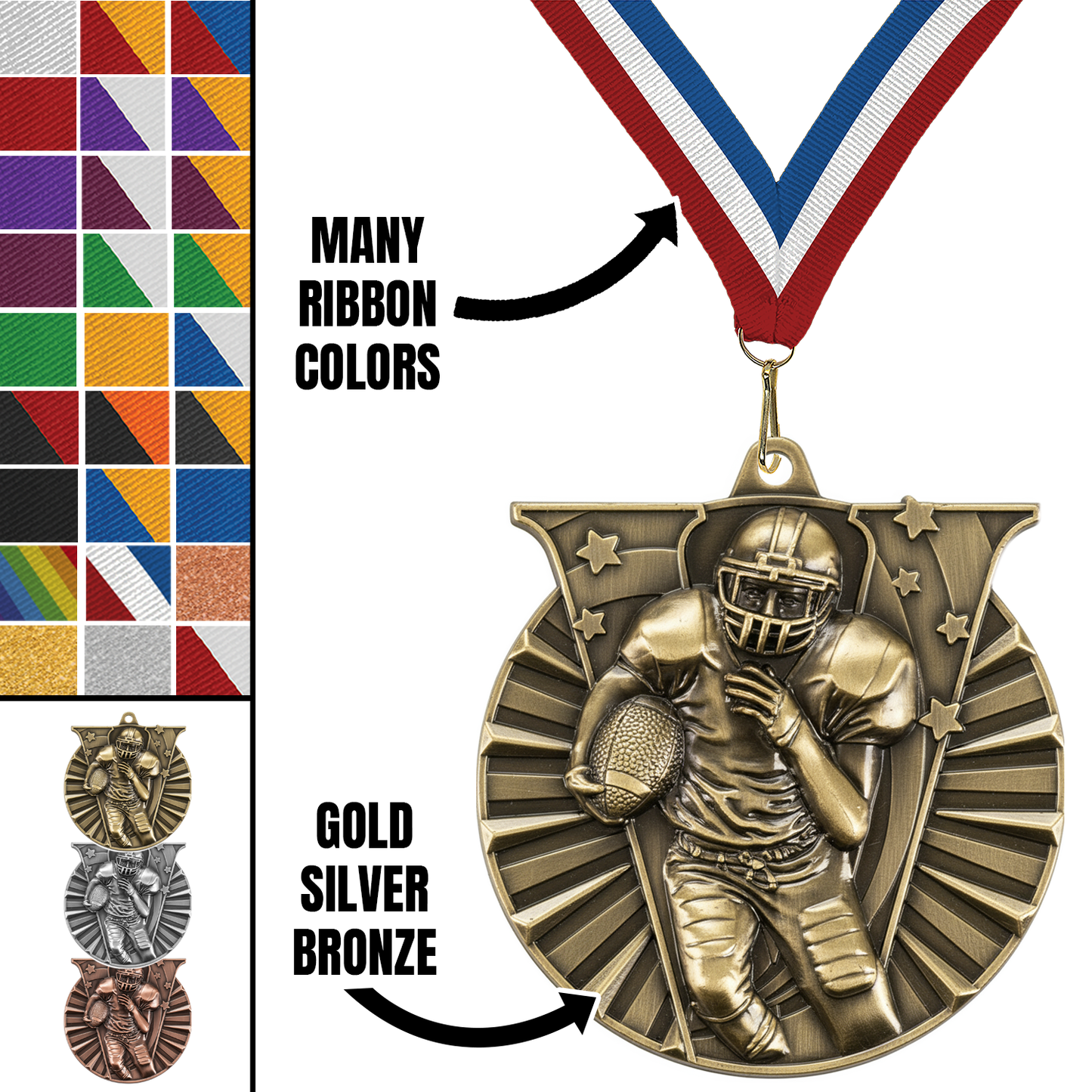 2" Victory Football Medal – Gold, Silver & Bronze with Custom Ribbons in 30 Colors