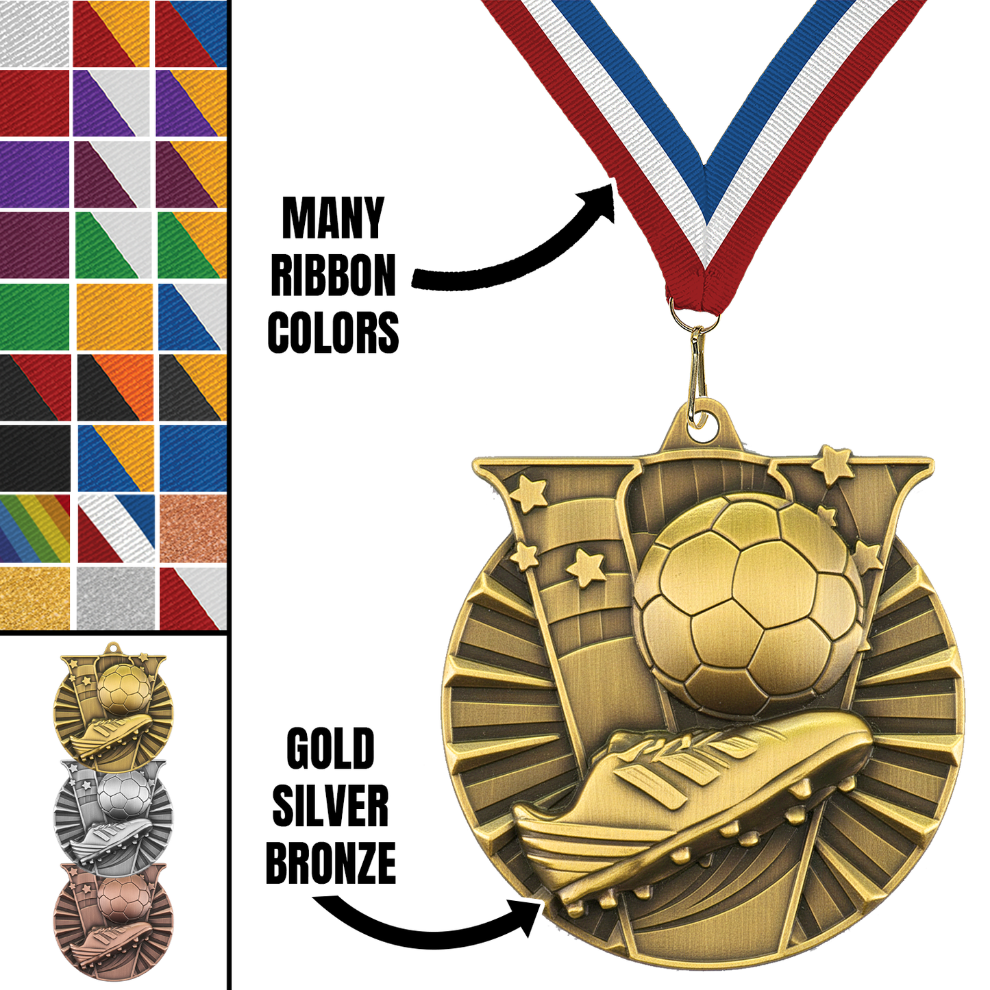 2" Victory Soccer Medal – Gold, Silver & Bronze with Custom Ribbons in 30 Colors