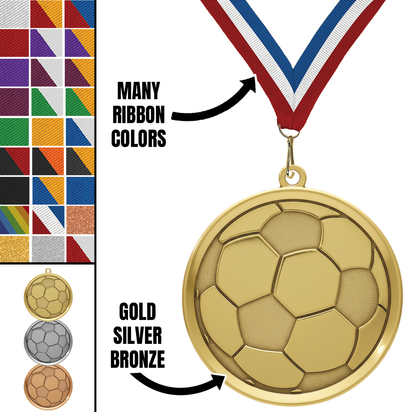 2.25" Soccer Mega Medal – Gold, Silver & Bronze with 30 Ribbon Options