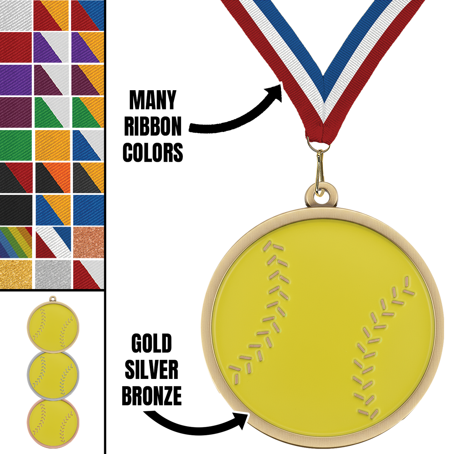 2.25" Softball Mega Medal – Gold, Silver & Bronze with 30 Ribbon Options