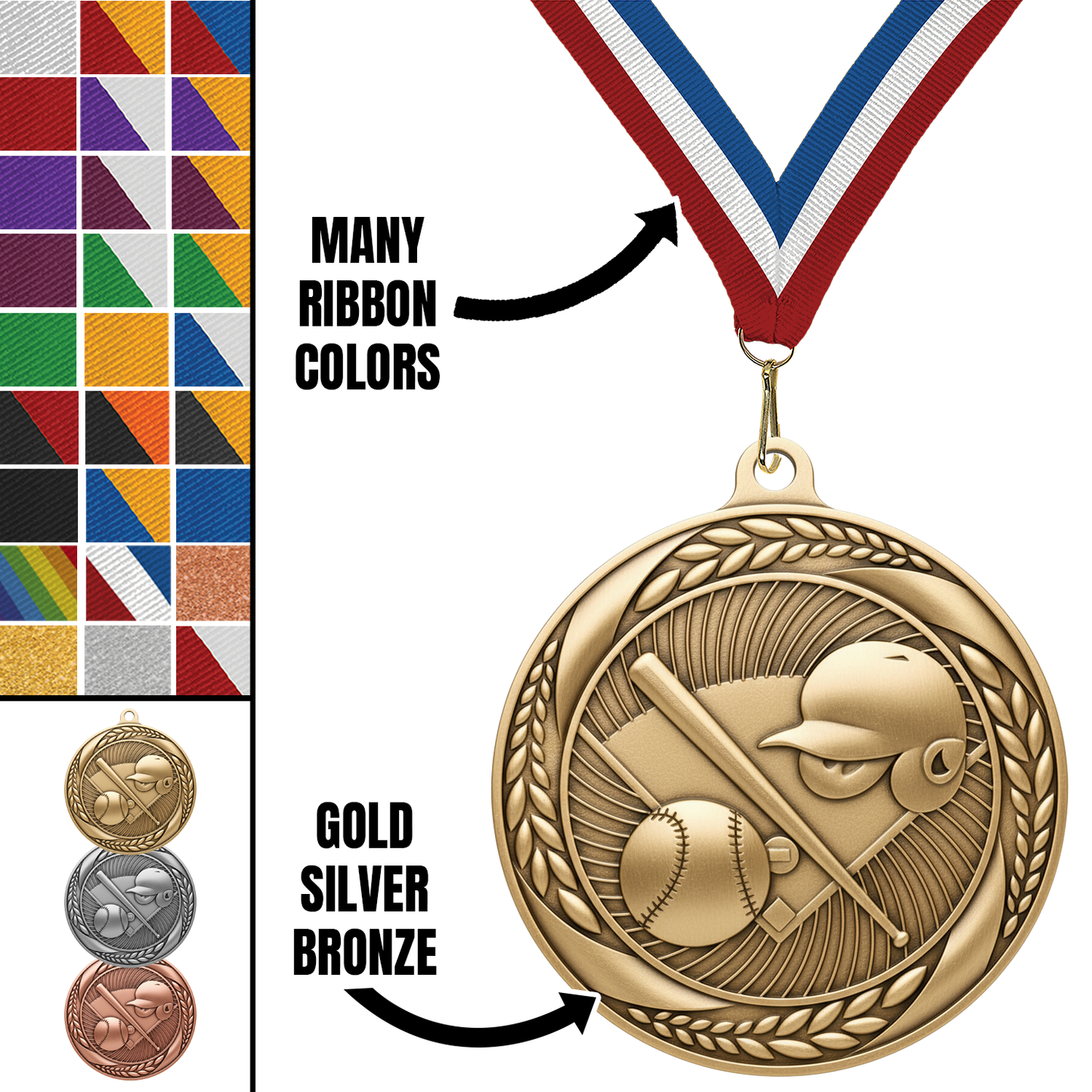 2.25" Laurel Wreath Softball Medal – Gold, Silver & Bronze with 30 Ribbon Options