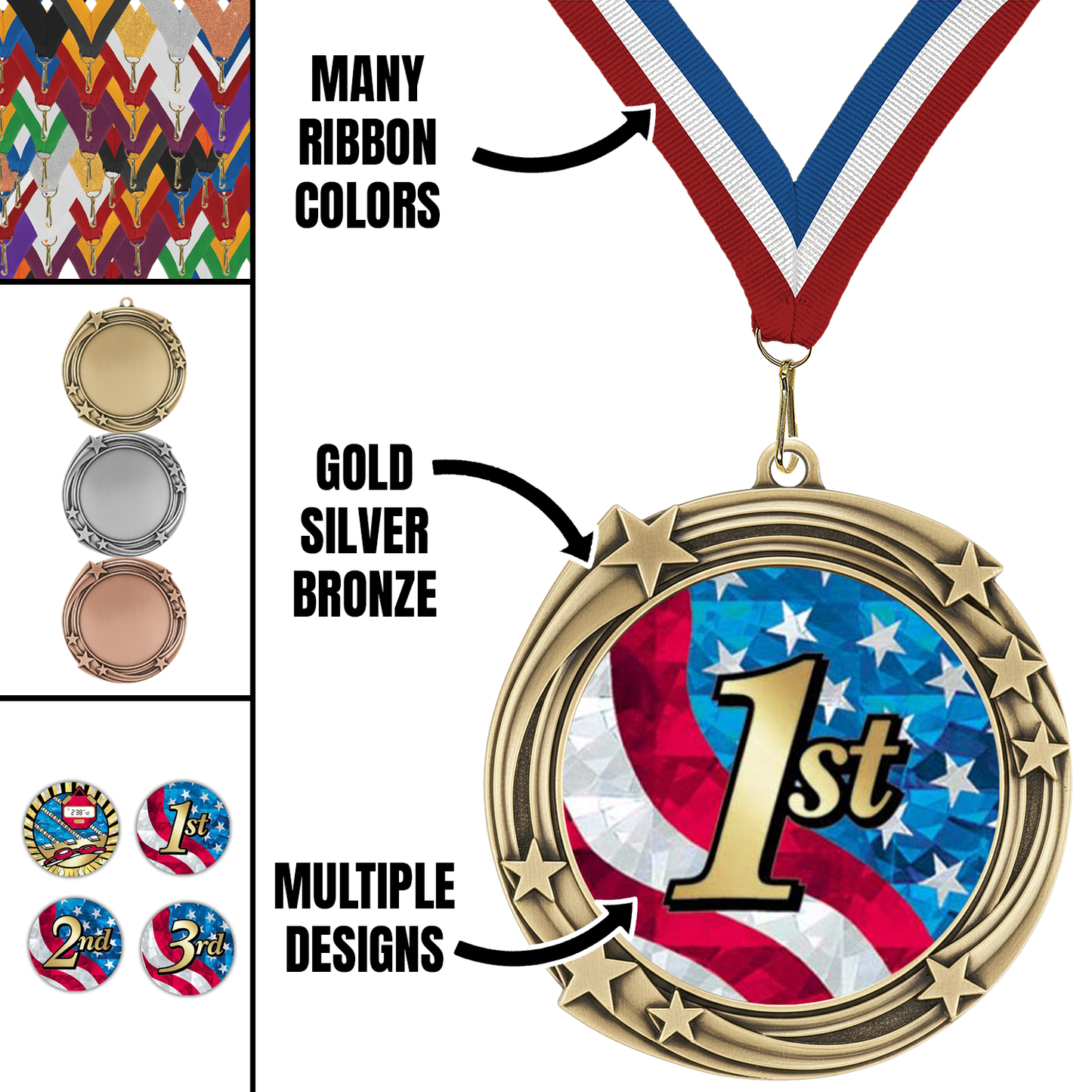 2.75" Swirling Star Swimming Medal– Gold, Silver & Bronze with 30 Ribbon Options