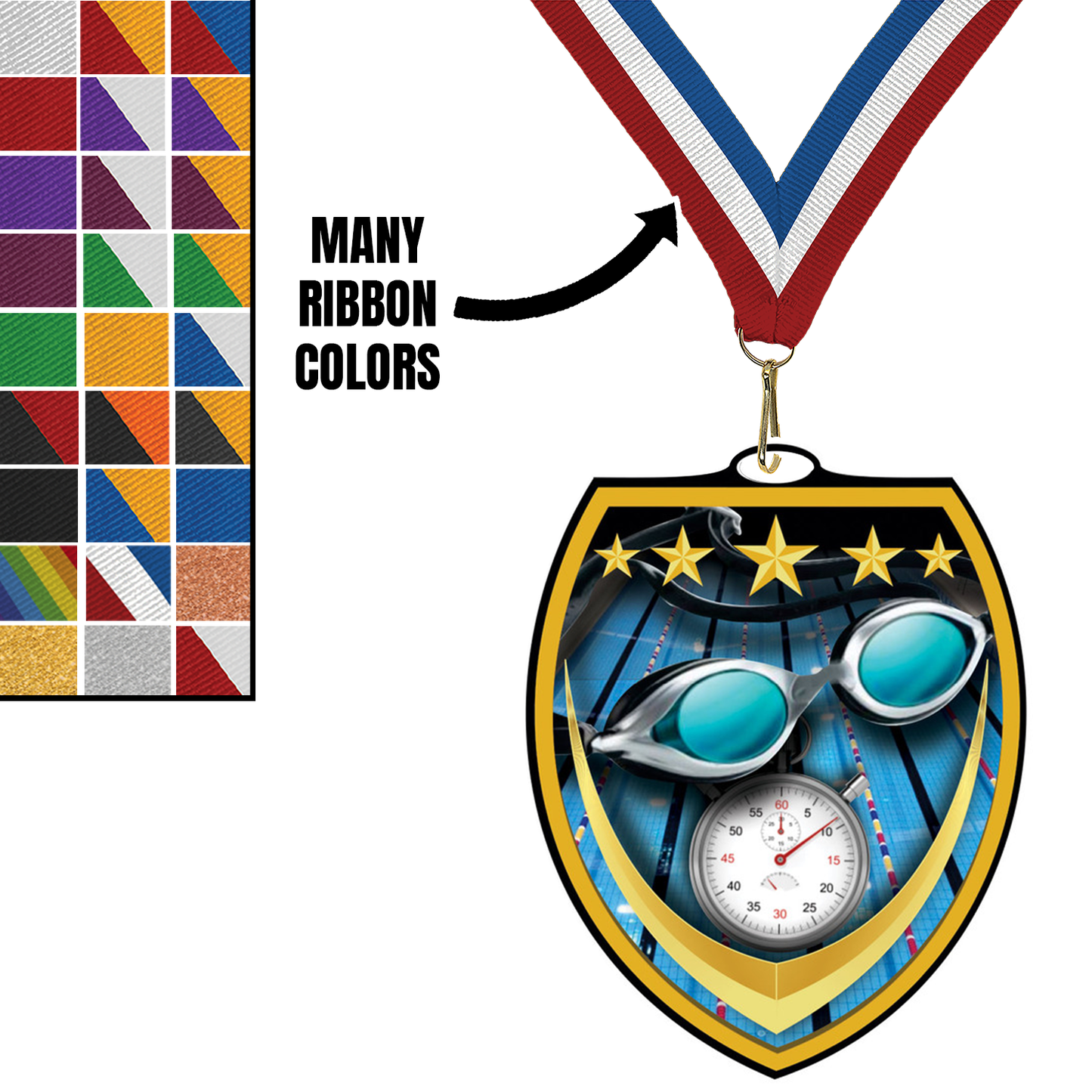 3 1/4" VSM Swimming Medal – Gold, Silver & Bronze with 30 Ribbon Options
