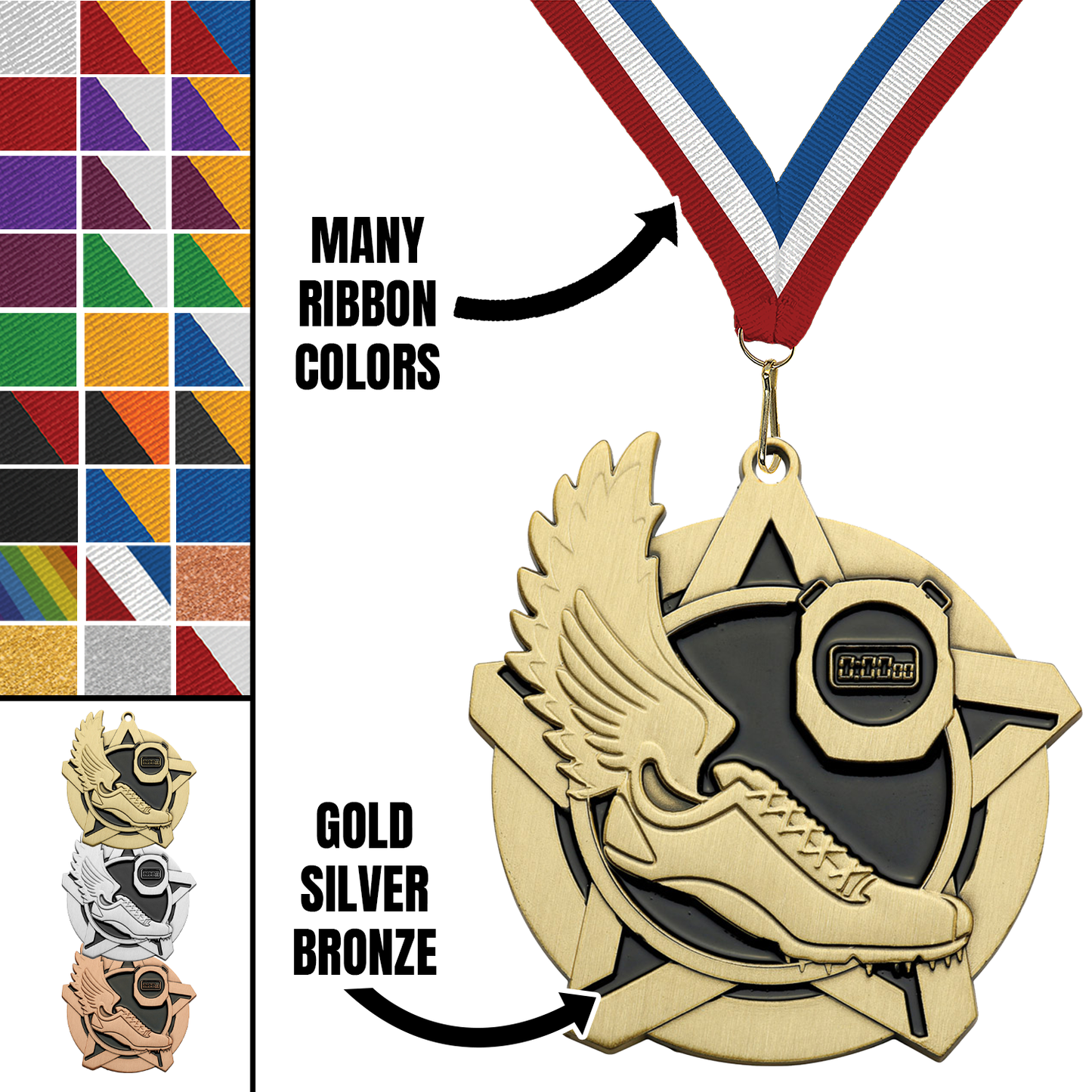 2.25" Track & Field Star Medal – Gold, Silver & Bronze with 30 Ribbon Options