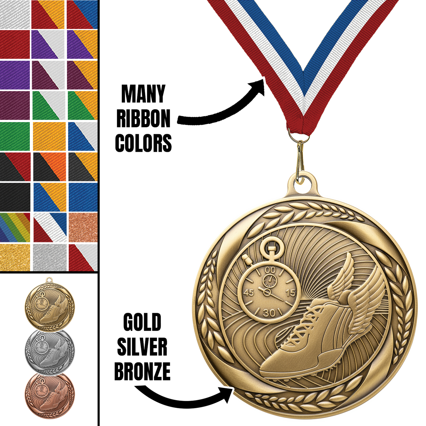 2.25" Laurel Wreath Track & Field Medal – Gold, Silver & Bronze with 30 Ribbon Options