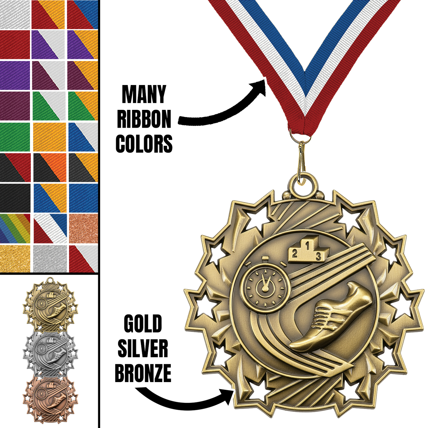 2.25" 10 Star Track & Field Medal – Gold, Silver & Bronze with 30 Ribbon Options