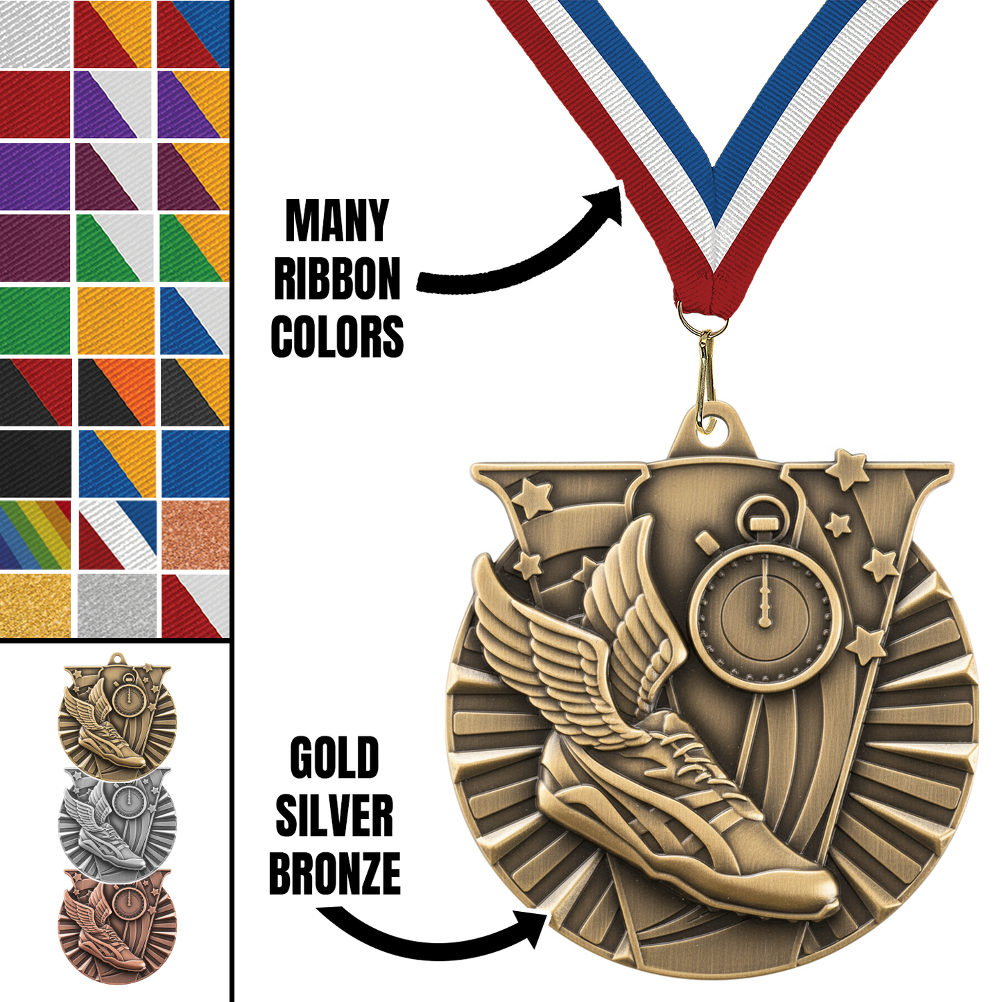 2" Victory Track & Field Medal – Gold, Silver & Bronze with Custom Ribbons in 30 Colors