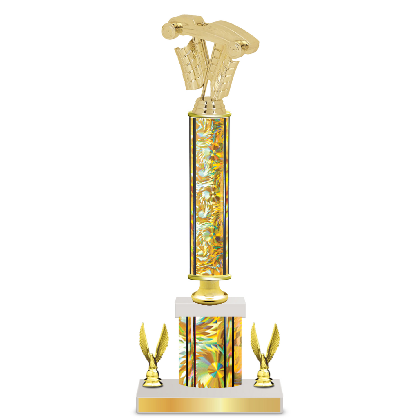 Personalised Pinewood Derby Column Trophy / Award 15"– 18" Custom Figurines & Plate