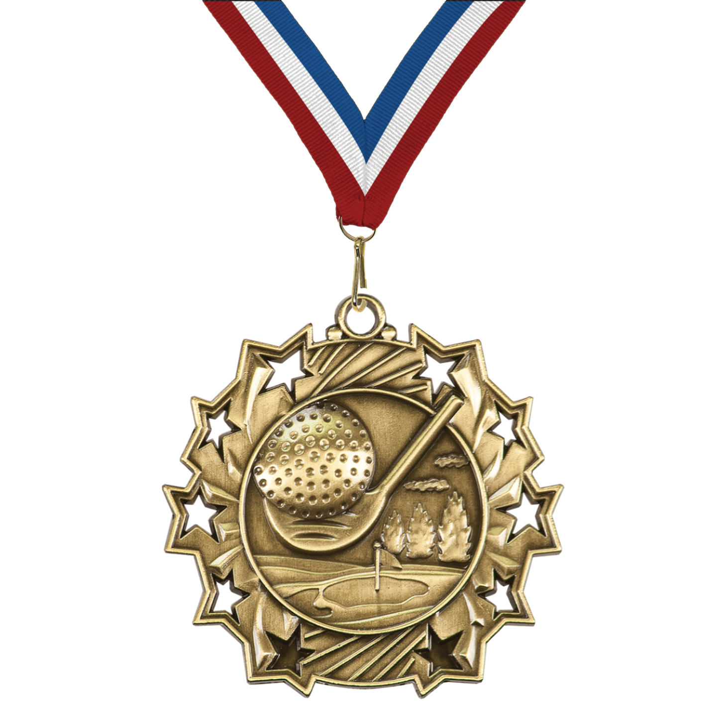2.25" 10 Star Golf Medal – Gold, Silver & Bronze with 30 Ribbon Options