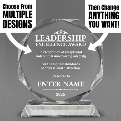 Crystal Glass Octagon Engraved Leadership Award - Executive Recognition