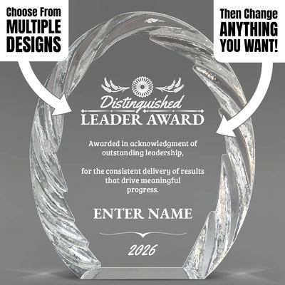 Crystal Glass Oval Engraved Leadership Award with Decorative Edge