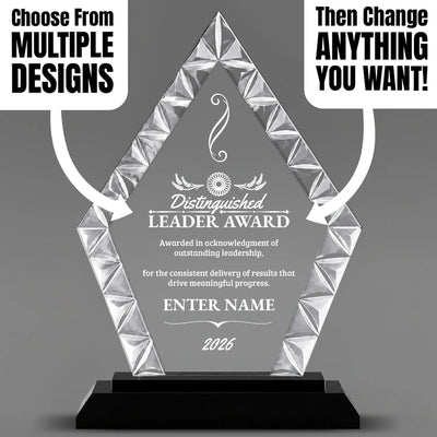 Crystal Glass Diamond Accent Engraved Leadership Award - Executive Recognition