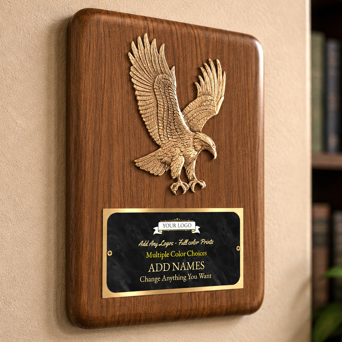 Sculpted Eagle Walnut Recognition Plaque 7" x 9" with Full Color Plate
