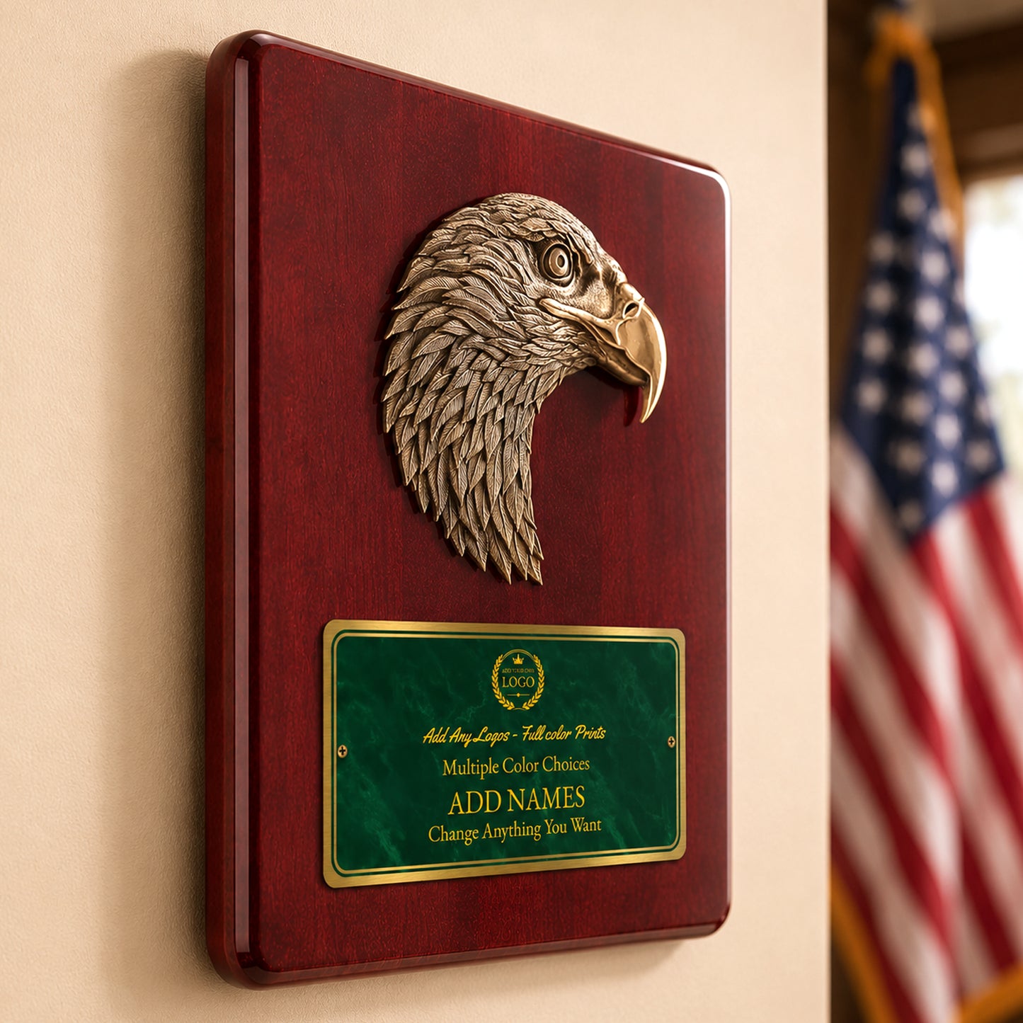 Sculpted Eagle Rosewood Recognition Plaque with Full Color Plate – 8" x 10.5" & 10.5" x 13"