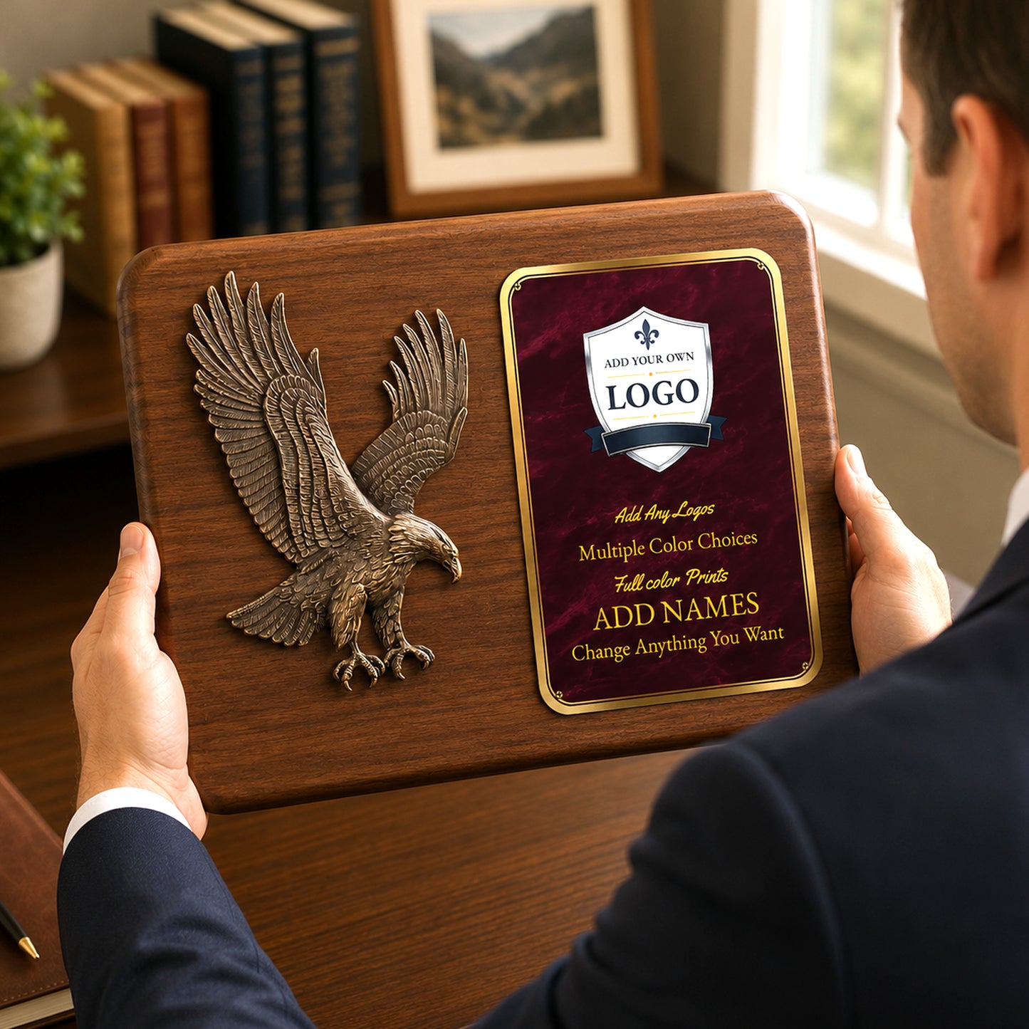 Sculpted Eagle Walnut Recognition Plaque with Full Color Plate – 15" x 11"