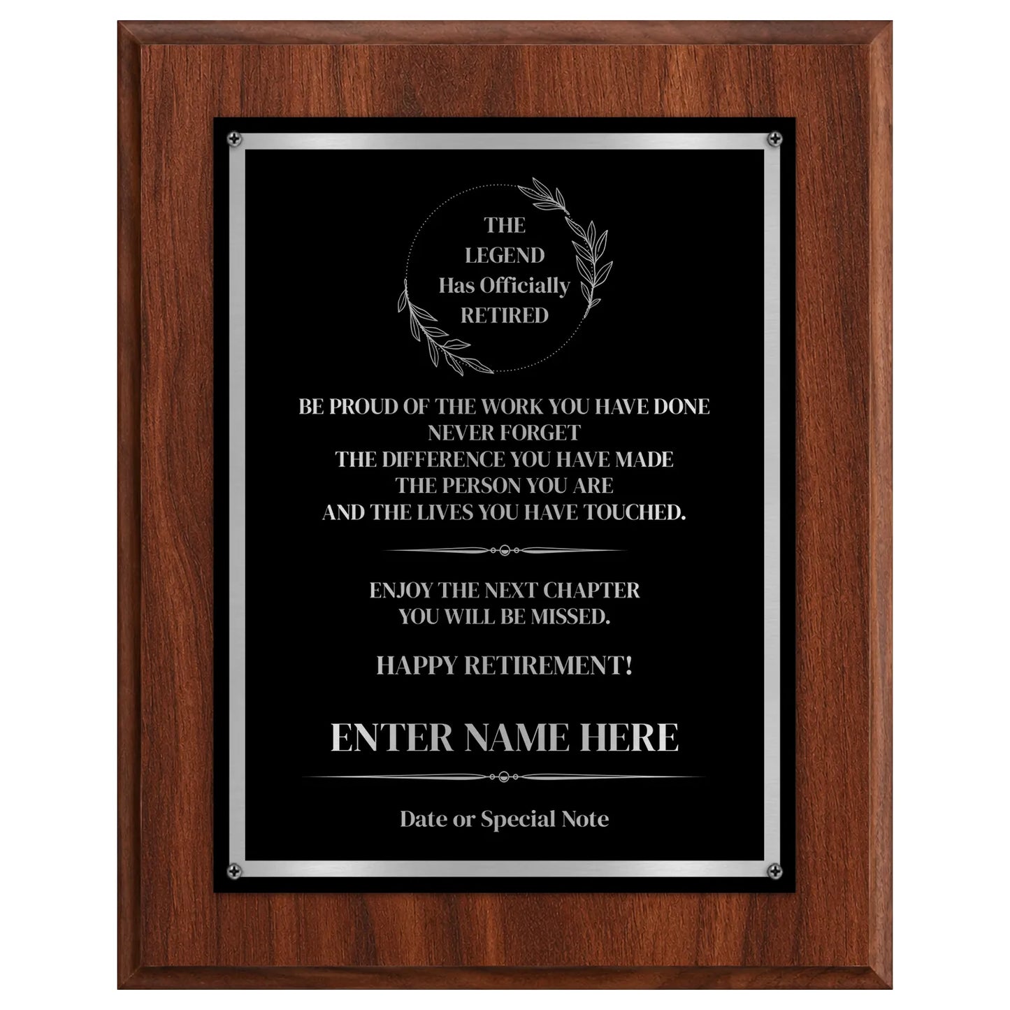 The Legend Has Officially Retired Classic Retirement Plaque - 4 Frame Colors - Silver & Gold Plate Options