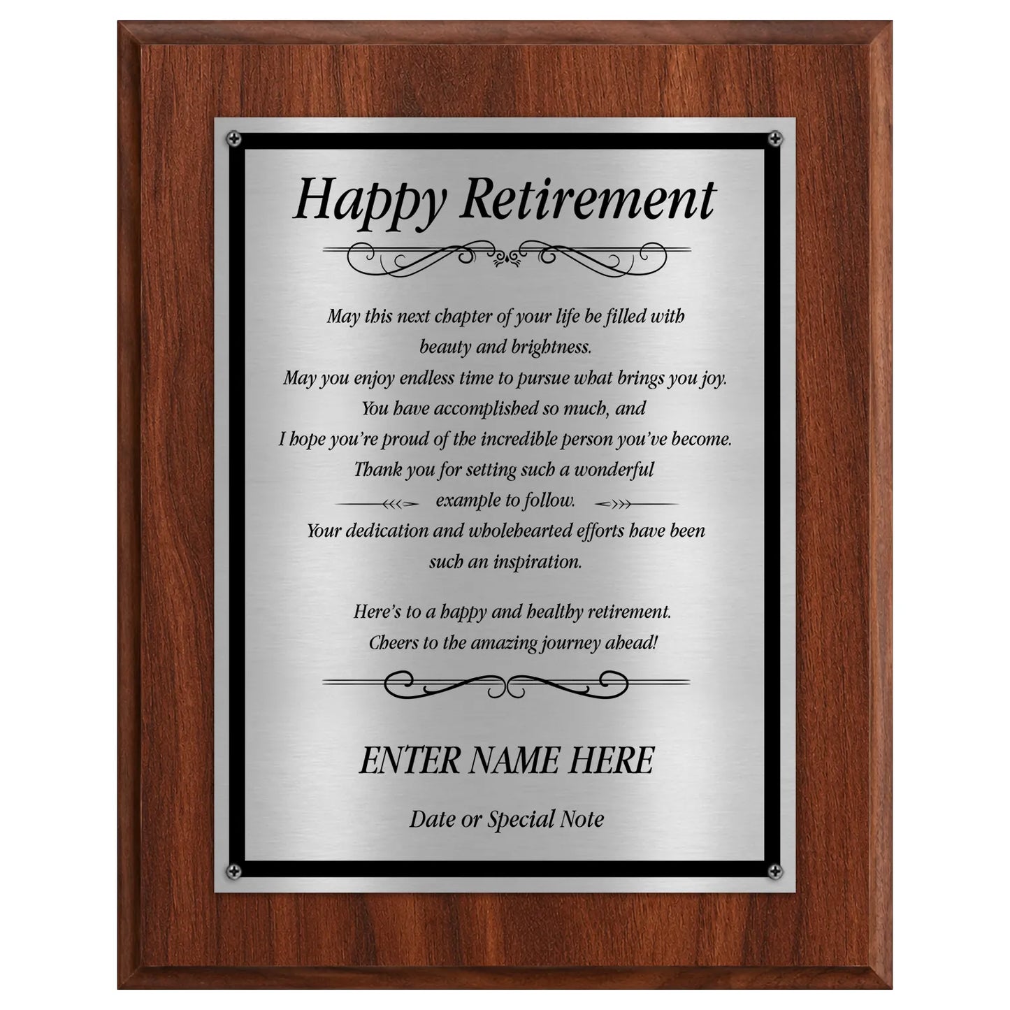 Happy Retirement Classic Plaque - 4 Frame Colors - Brushed Silver & Gold Plate Options