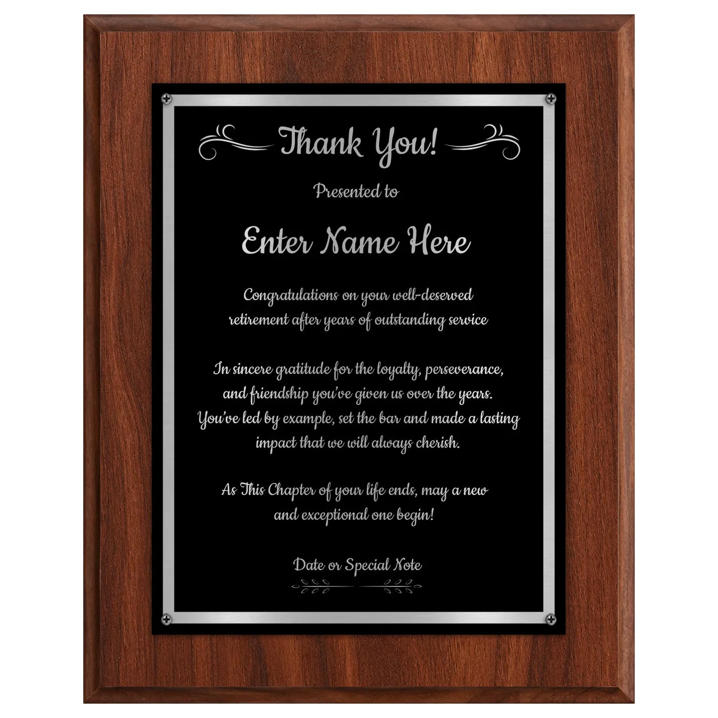 Thank You Classic Retirement Plaque - 4 Frame Colors - Silver & Gold Plate Options