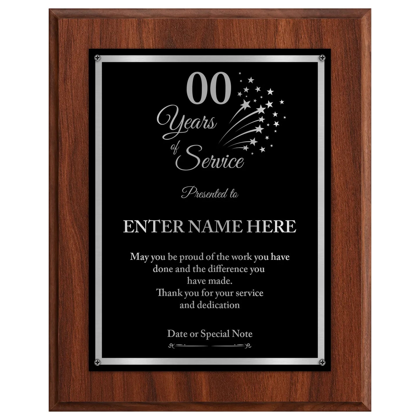 Years of Service Retirement Plaque - 4 Frame Colors - Silver & Gold Plate Options
