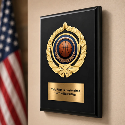 Personalized Basketball Award Plaque with Choice of Emblems & Engraved Plate – 4 Frame Colors