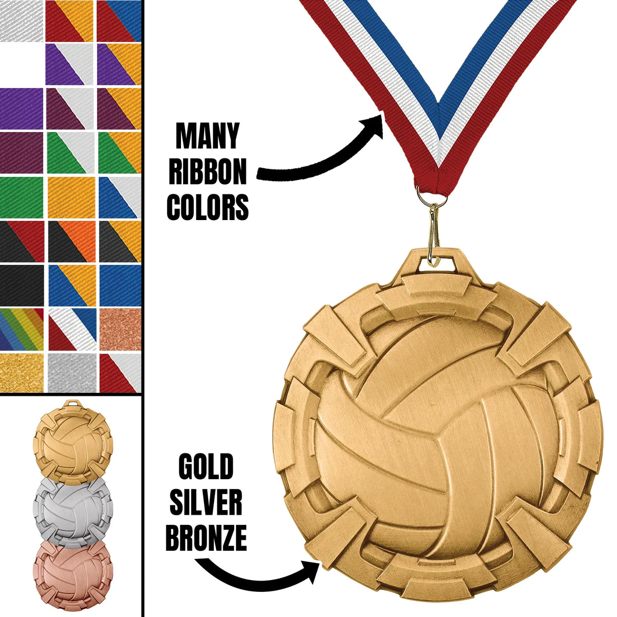 Volleyball Medals - Youth & Club Team Awards, 2 3/4" Carbonite Medal in Gold, Silver & Bronze
