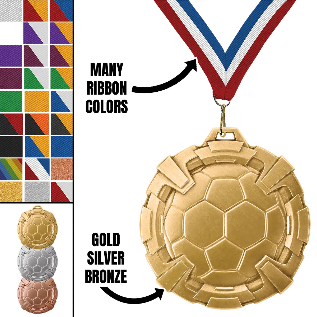 Soccer Medals - Youth & Travel Team Awards, 2 3/4" Carbonite Medal in Gold, Silver & Bronze