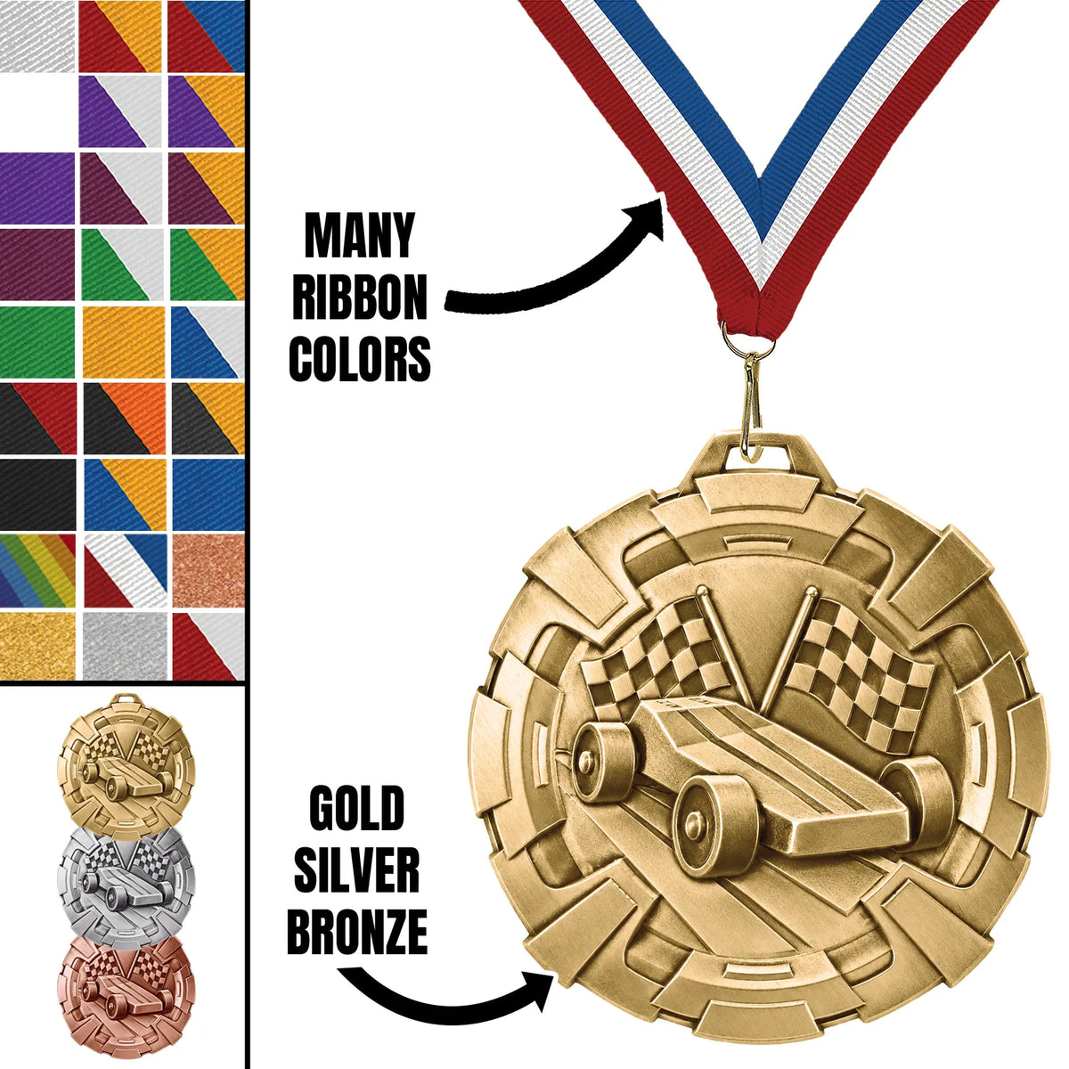 Pinewood Derby Medals - Pack & Race Day Awards, 2 3/4" Carbonite Medal in Gold, Silver & Bronze