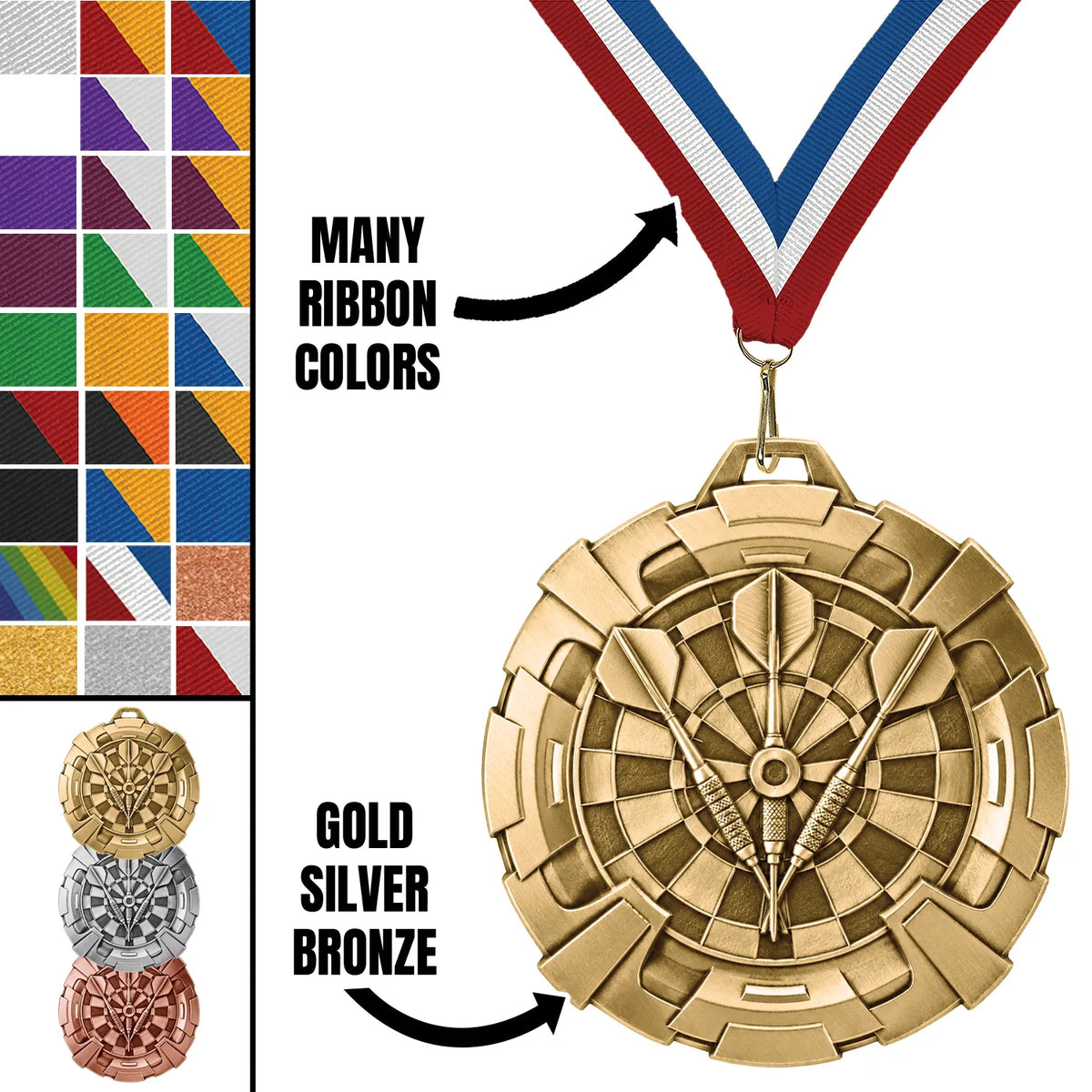Darts Medals - League & Club Awards, 2 3/4" Carbonite Medal in Gold, Silver & Bronze