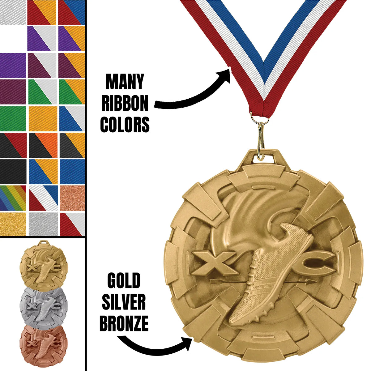 Cross Country Medals - Team & Meet Awards, 2 3/4" Carbonite Medal in Gold, Silver & Bronze