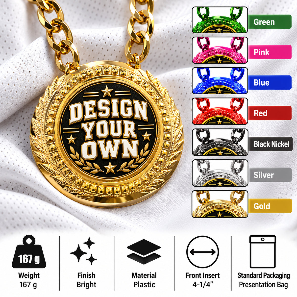 Custom Fantasy Football Medal - Design Your Own, Lite Champ Chain With Plastic Chain