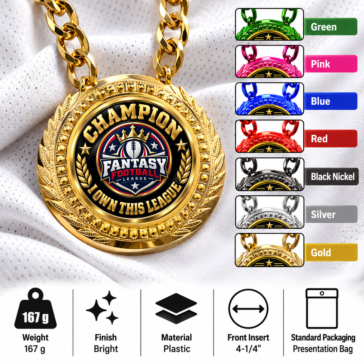 Fantasy Football Medal - Champion - I Own This League, Lite Champ Chain With Plastic Chain