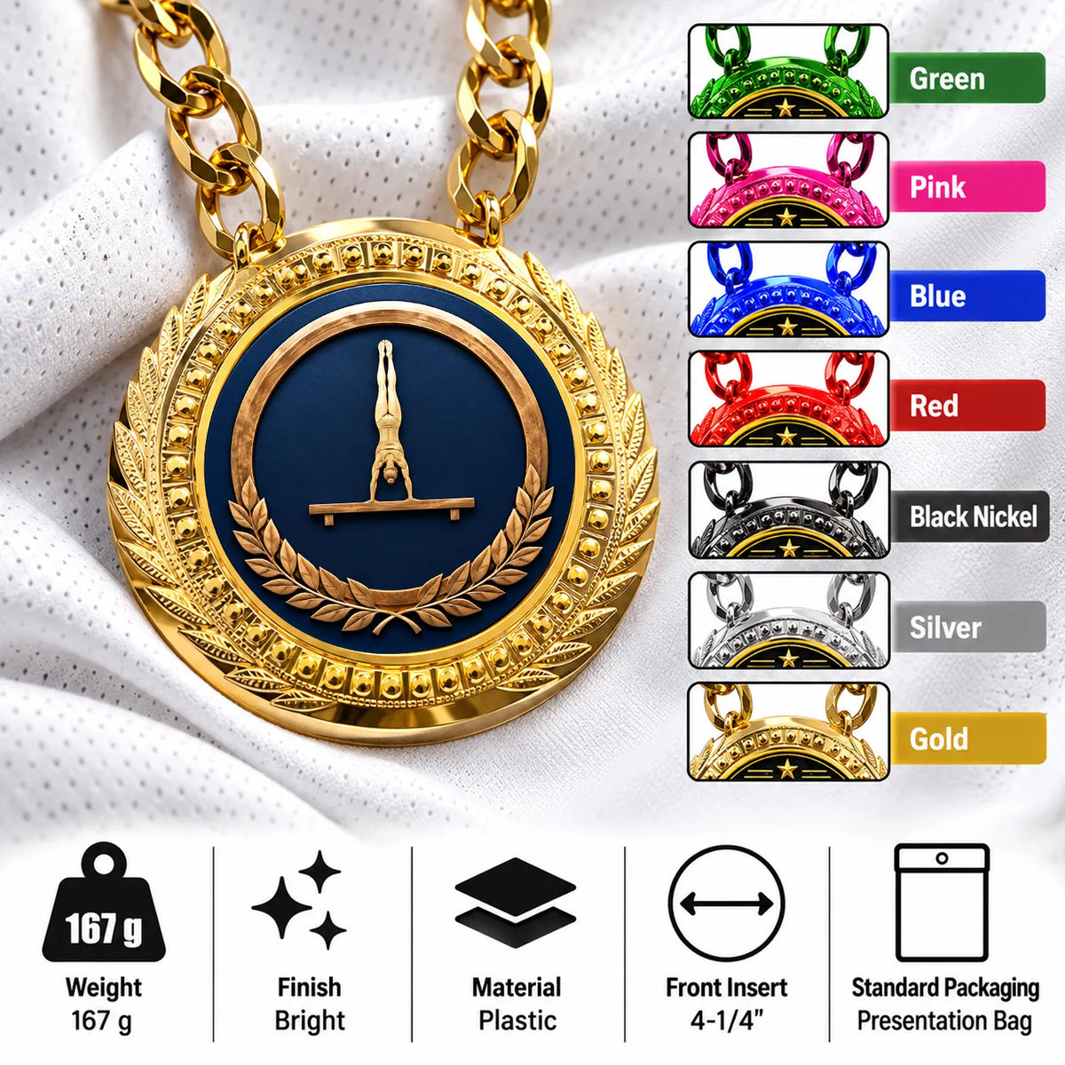 Gymnastics Medals - Gymnast & Competition Recognition Awards, 4-1/4" Lite Champ Chain with Plastic Chain