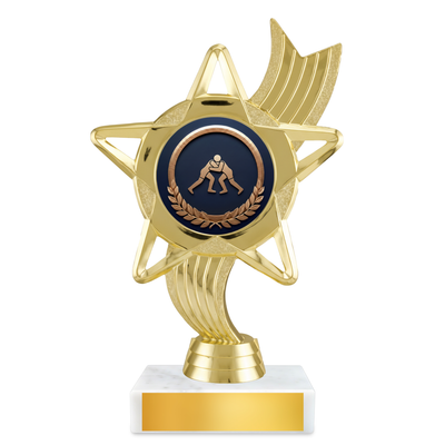 Wrestling Star Ribbon Resin Award – 6.75" Personalized Bright Gold Trophy