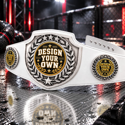 Custom Gymnastics Antique Shield Championship Belt in White - Design Your Own