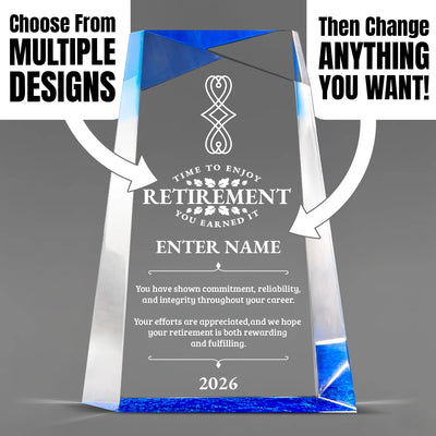 Retirement Awards - Blue Facet Wedge Awards - Personalize Online - Choose From 5 Designs