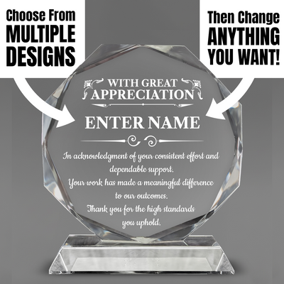 Retirement Awards - Crystal Glass Octagon Award - Personalize Online - Choose From 5 Designs