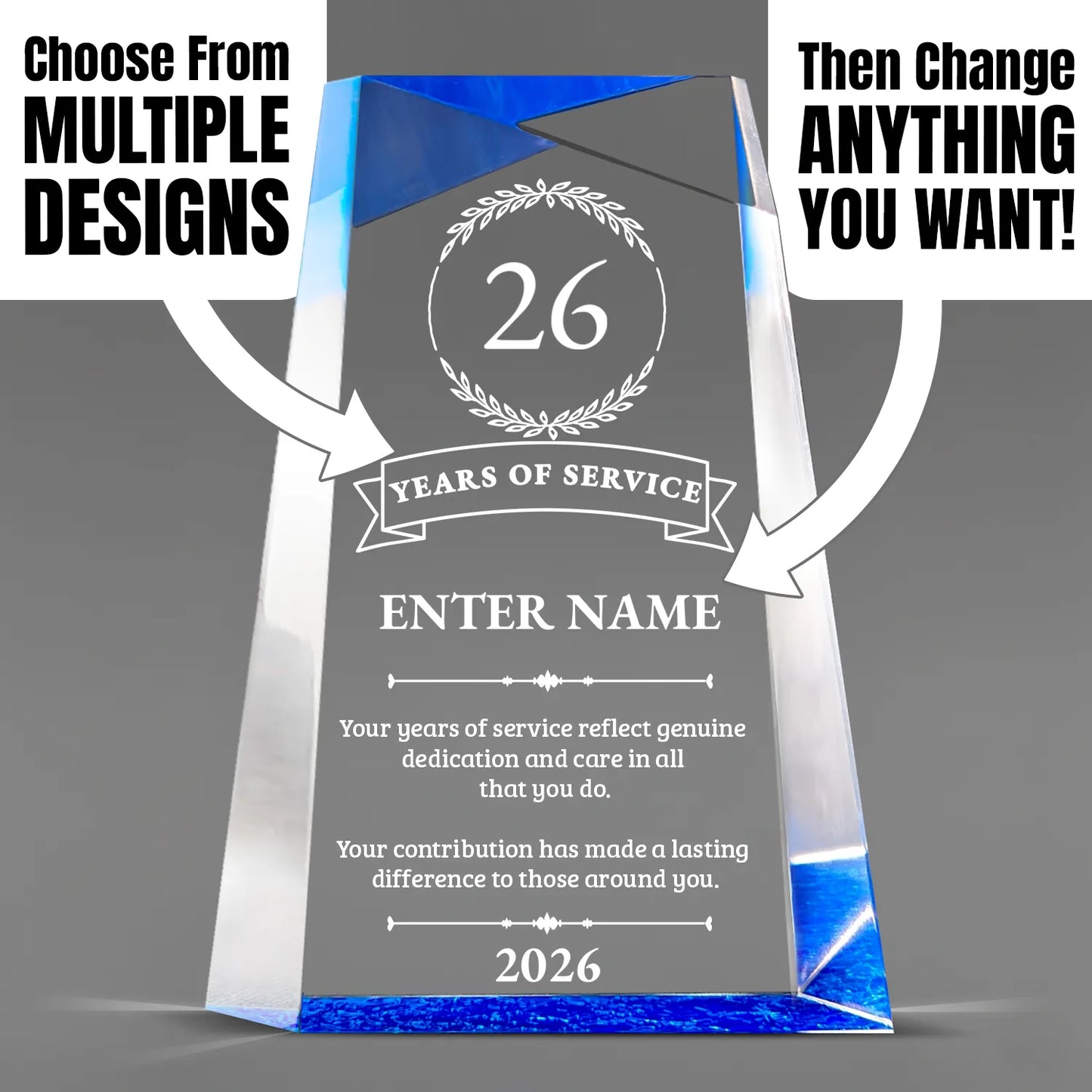 Long Service Awards - Blue Facet Wedge Awards - Personalize Online - Choose From 5 Sizes