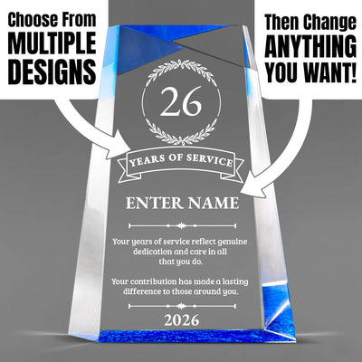 Long Service Awards - Blue Facet Wedge Awards - Personalize Online - Choose From 5 Sizes